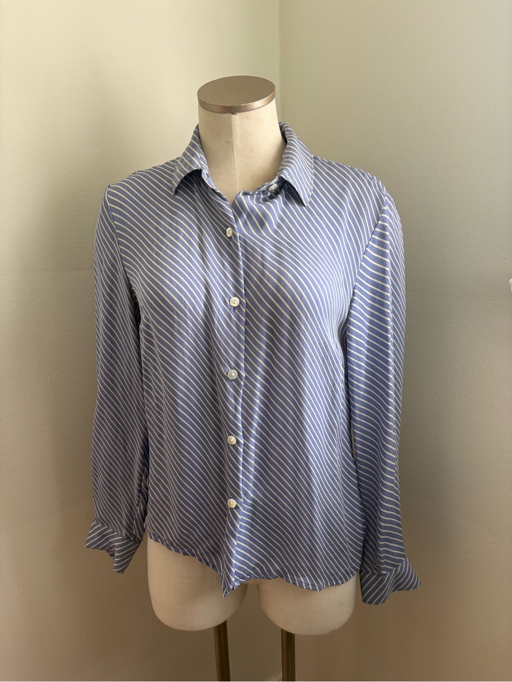 Classic Blue & White Striped Silk Anne Taylor Button-Up Shirt
